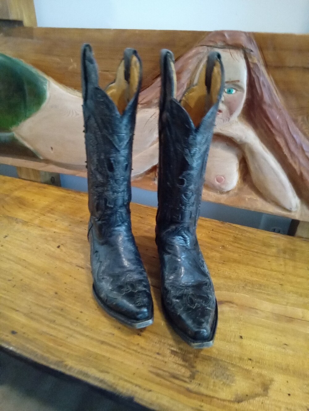 Vintage Safari Black Distressed  Leather Phoenix Tall Snip Toe Cowgirl Boots 6.5 - Picture 2 of 16